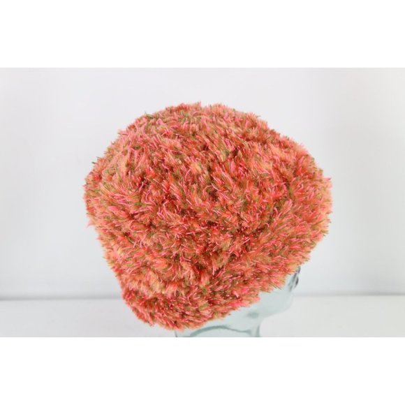 NOS Vintage 90s Streetwear Textured Fuzzy Shag Beanie Hat Cap Pink Womens OSFA